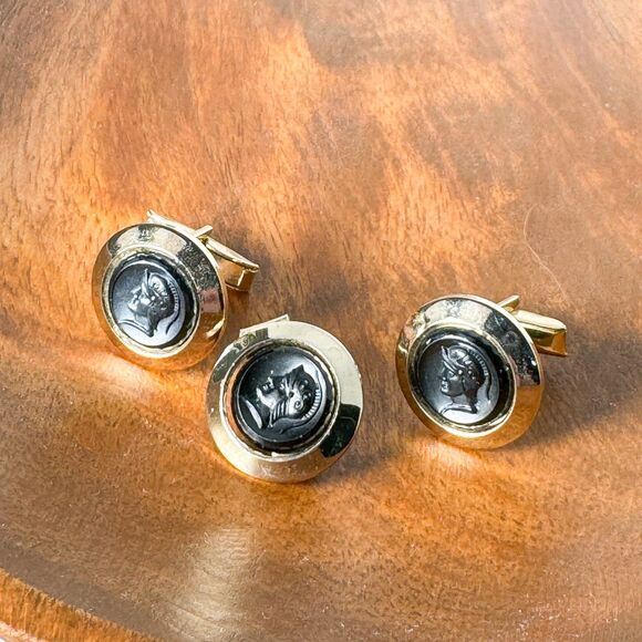 Vintage Roman Emperor Cufflinks Tie Clip Set Gold Tone - Picture 3 of 7